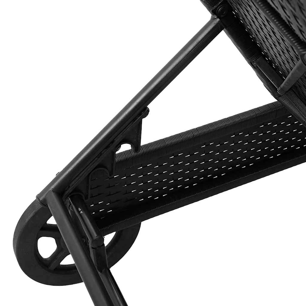 Sun lounger with wheels and cushion in black PE wicker