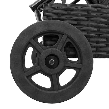 Sun lounger with wheels and cushion in black PE wicker