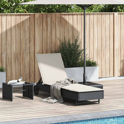 Sun lounger with wheels and cushion in black PE wicker