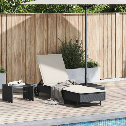 Sun lounger with wheels and cushion in black PE wicker