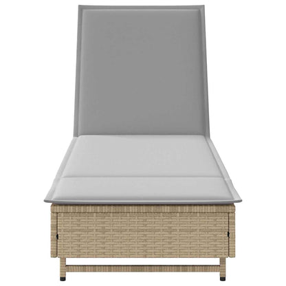 Sun lounger with wheels and cushion in grey PE wicker