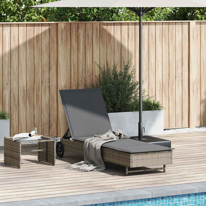Sun lounger with wheels and cushion in grey PE wicker