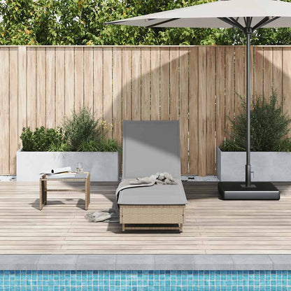 Sun lounger with wheels and cushion in beige PE wicker