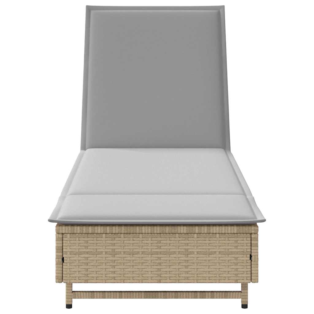 Sun lounger with wheels and cushion in beige PE wicker