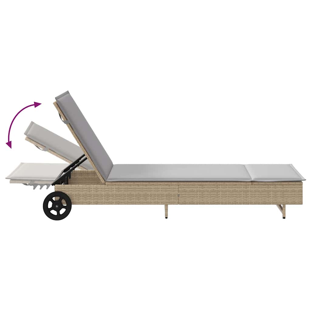 Sun lounger with wheels and cushion in beige PE wicker