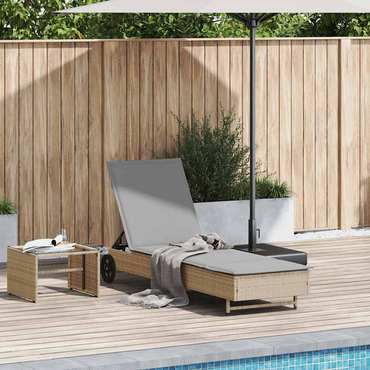 Sun lounger with wheels and cushion in beige PE wicker