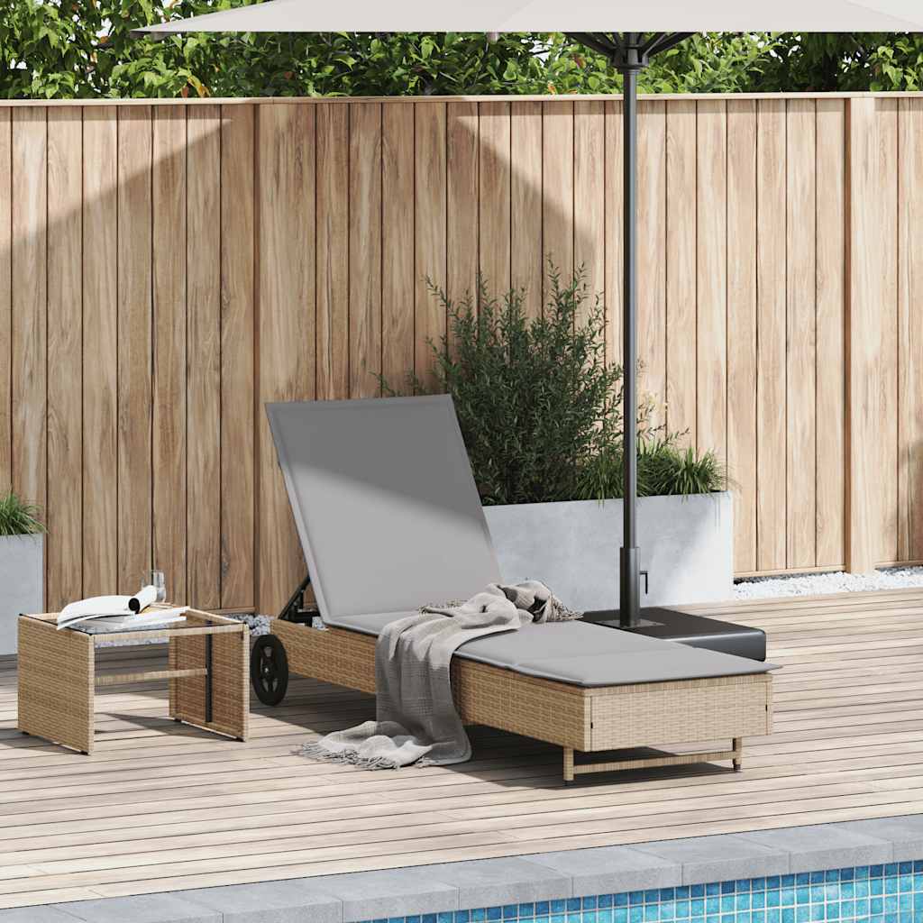 Sun lounger with wheels and cushion in beige PE wicker
