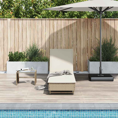 Sun lounger with wheels and cushion in beige PE wicker
