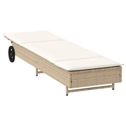Sun lounger with wheels and cushion in beige PE wicker