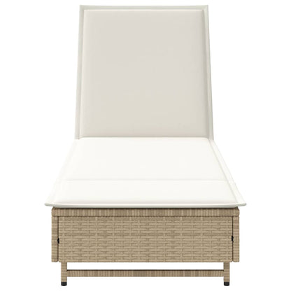 Sun lounger with wheels and cushion in beige PE wicker