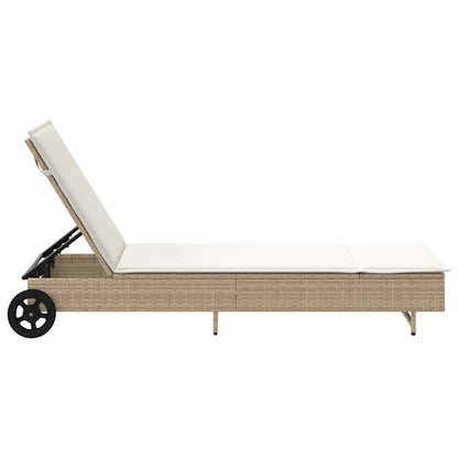 Sun lounger with wheels and cushion in beige PE wicker