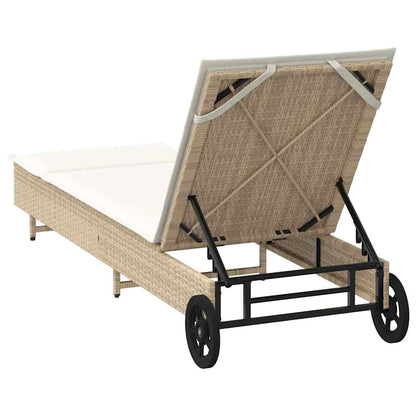 Sun lounger with wheels and cushion in beige PE wicker
