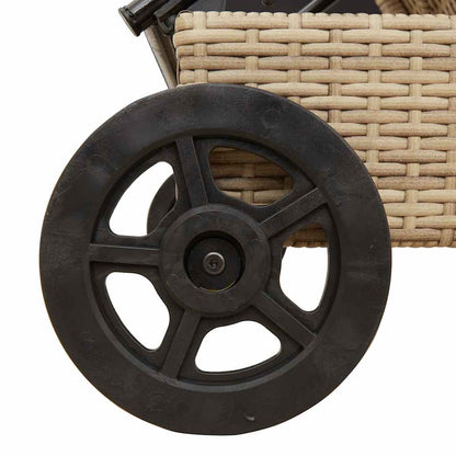 Sun lounger with wheels and cushion in beige PE wicker