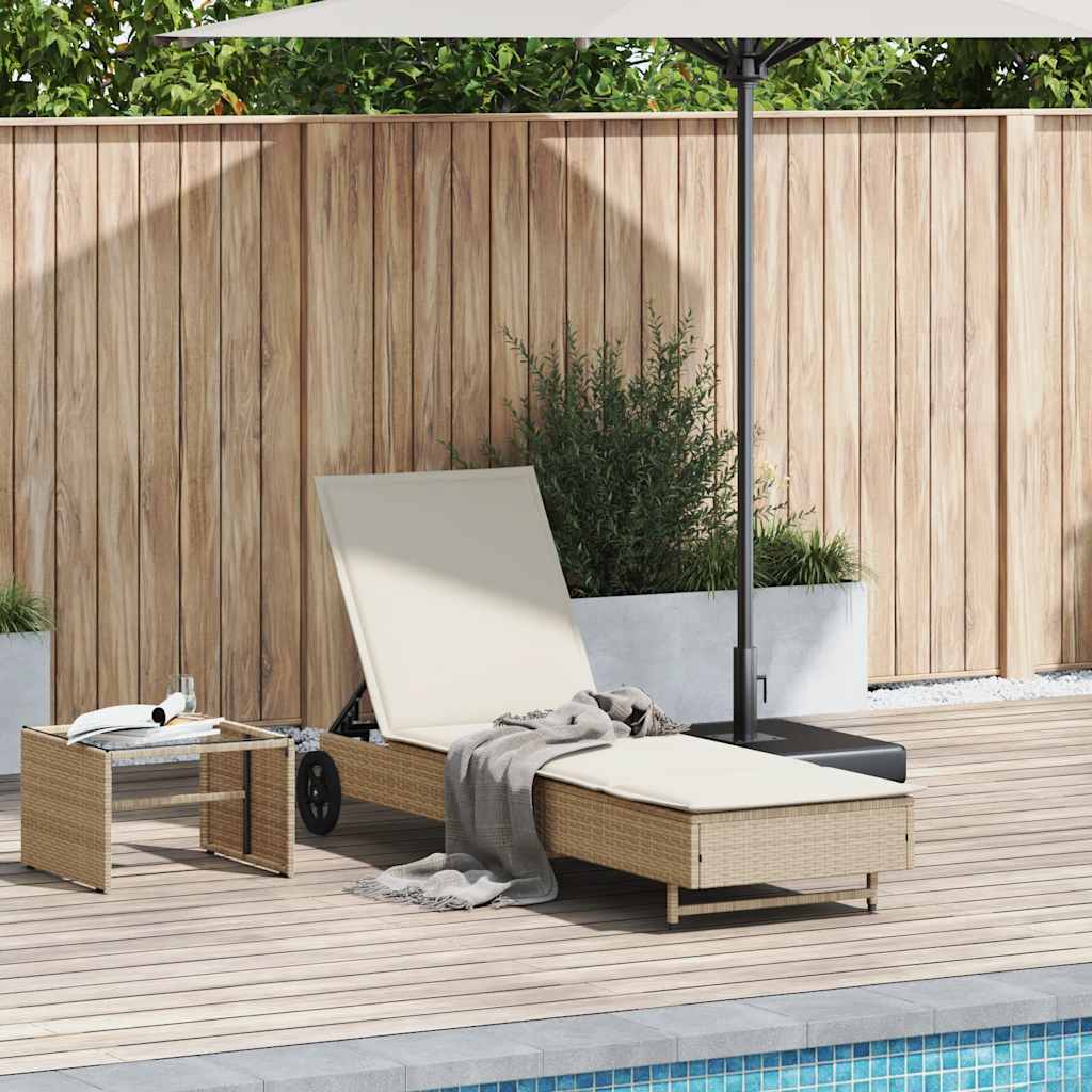 Sun lounger with wheels and cushion in beige PE wicker