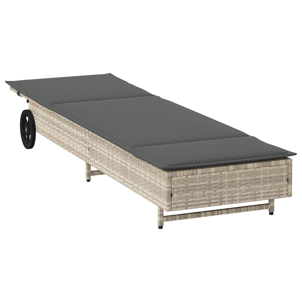 Sun lounger with wheels and cushion in light grey PE wicker