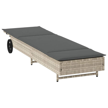 Sun lounger with wheels and cushion in light grey PE wicker
