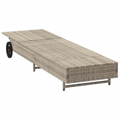 Sun lounger with wheels and cushion in light grey PE wicker