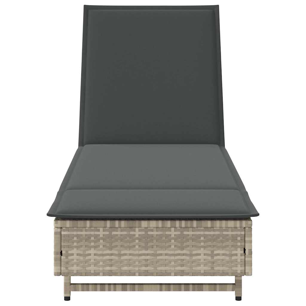 Sun lounger with wheels and cushion in light grey PE wicker