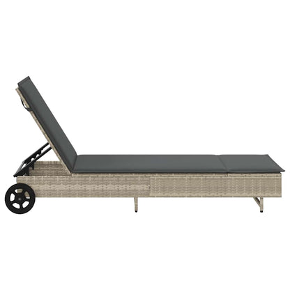 Sun lounger with wheels and cushion in light grey PE wicker