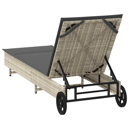 Sun lounger with wheels and cushion in light grey PE wicker