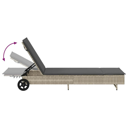 Sun lounger with wheels and cushion in light grey PE wicker