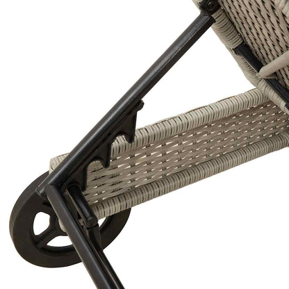 Sun lounger with wheels and cushion in light grey PE wicker