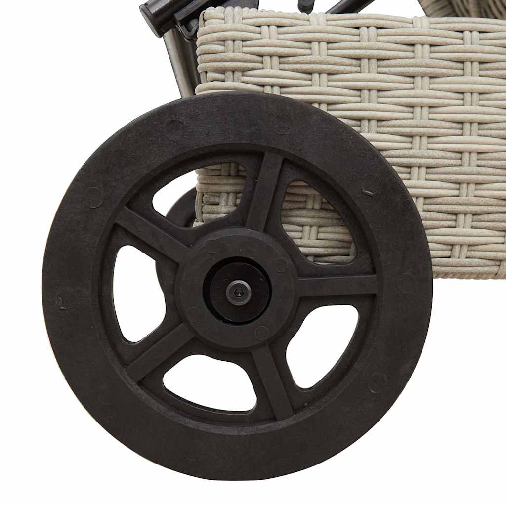 Sun lounger with wheels and cushion in light grey PE wicker