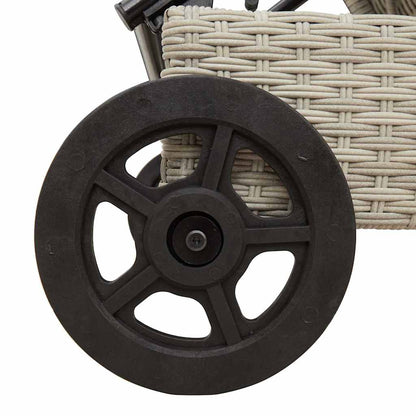 Sun lounger with wheels and cushion in light grey PE wicker