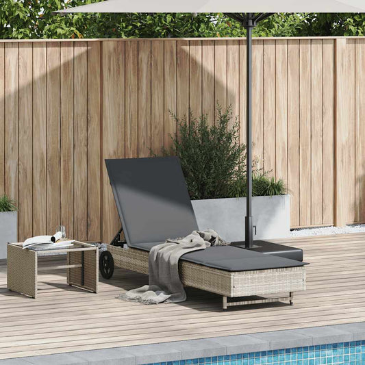 Sun lounger with wheels and cushion in light grey PE wicker