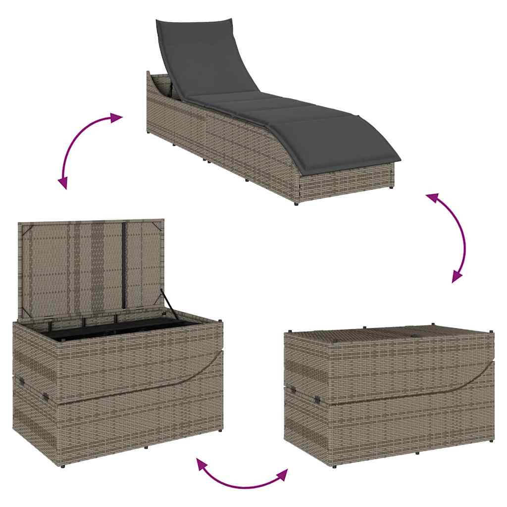 Folding sun lounger with cushion and storage PE wicker