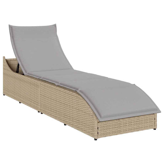 Folding sun lounger with cushion and storage PE wicker Beige
