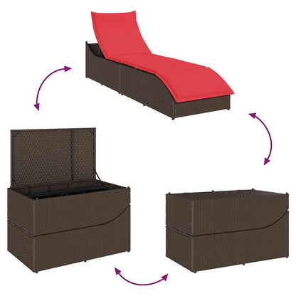 Folding sun lounger with cushion and storage PE wicker