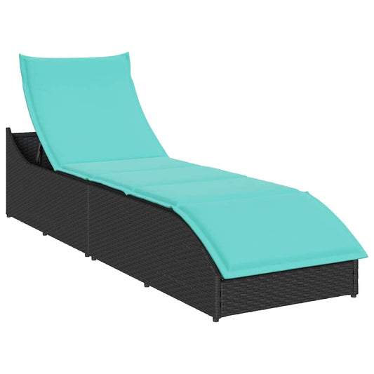 Folding sun lounger with cushion and storage in black PE wicker