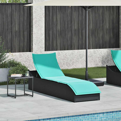 Folding sun lounger with cushion and storage in black PE wicker
