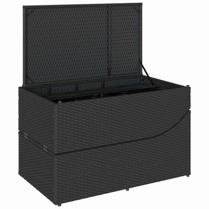 Folding sun lounger with cushion and storage in black PE wicker