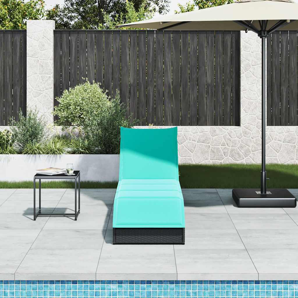 Folding sun lounger with cushion and storage in black PE wicker