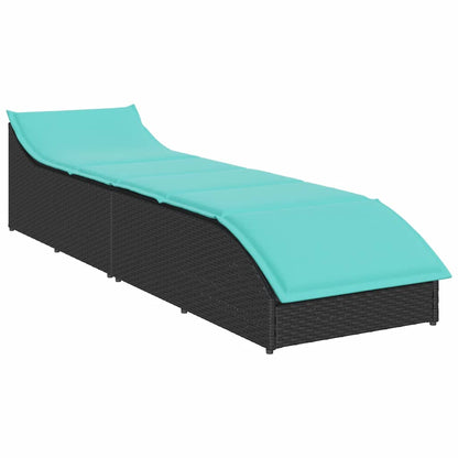 Folding sun lounger with cushion and storage in black PE wicker
