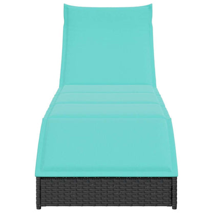 Folding sun lounger with cushion and storage in black PE wicker