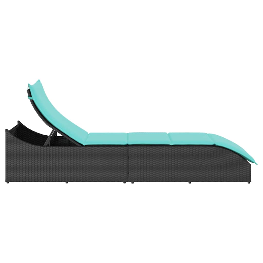 Folding sun lounger with cushion and storage in black PE wicker
