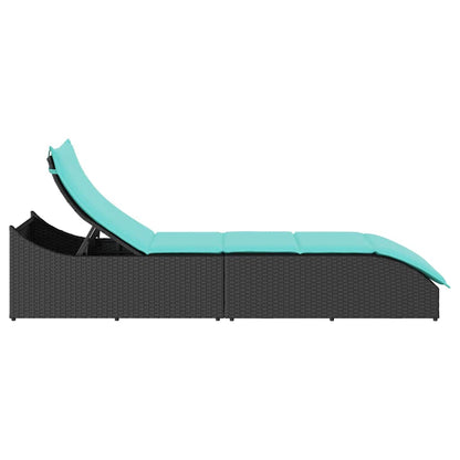 Folding sun lounger with cushion and storage in black PE wicker