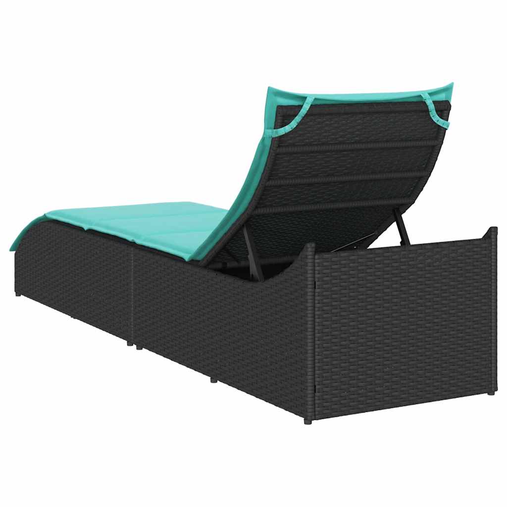 Folding sun lounger with cushion and storage in black PE wicker