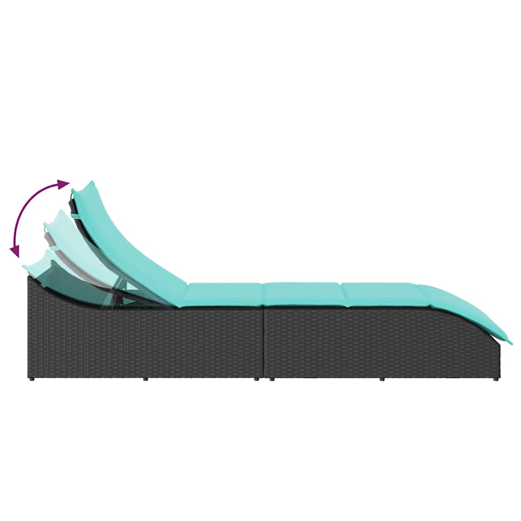 Folding sun lounger with cushion and storage in black PE wicker