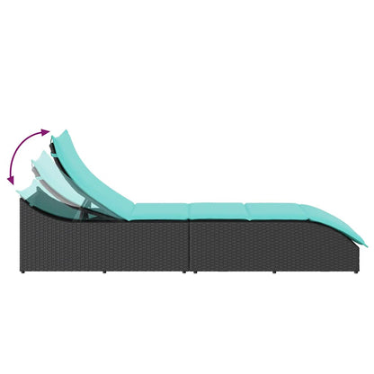 Folding sun lounger with cushion and storage in black PE wicker