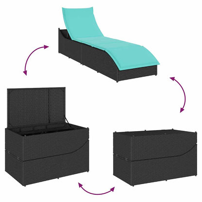Folding sun lounger with cushion and storage in black PE wicker