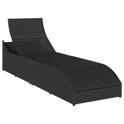 Folding sun lounger with cushion and storage in black PE wicker