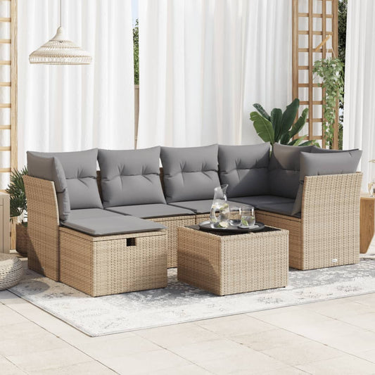 7 pcs garden sofa set with cushions poly rattan beige