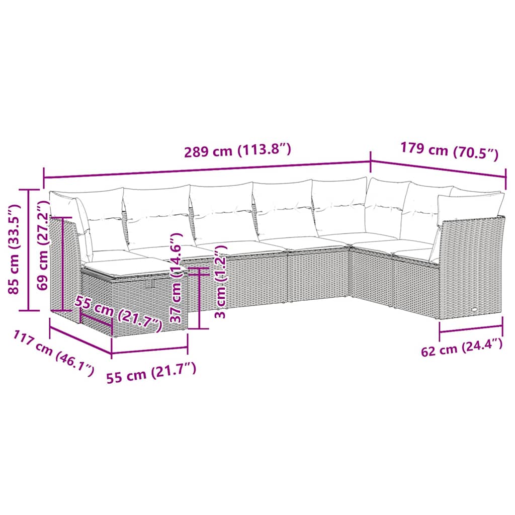 8 pcs conjunto sofás de jardim c/ almofadões vime PE castanho
