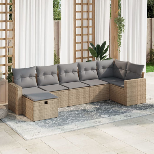 7 pcs garden sofa set with cushions poly rattan beige