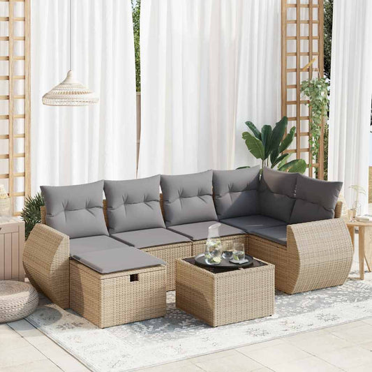 7 pcs garden sofa set with cushions poly rattan beige