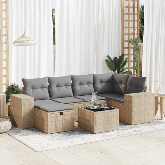 7 pcs garden sofa set with cushions poly rattan beige